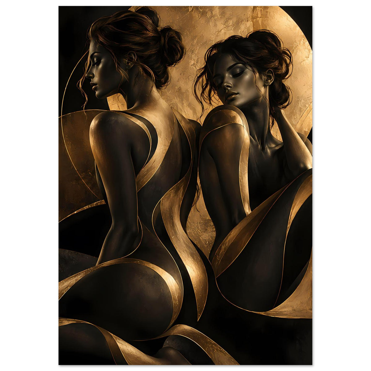 Kunstposter mit zwei weiblichen Silhouetten in Schwarz und Gold, diagonale Komposition