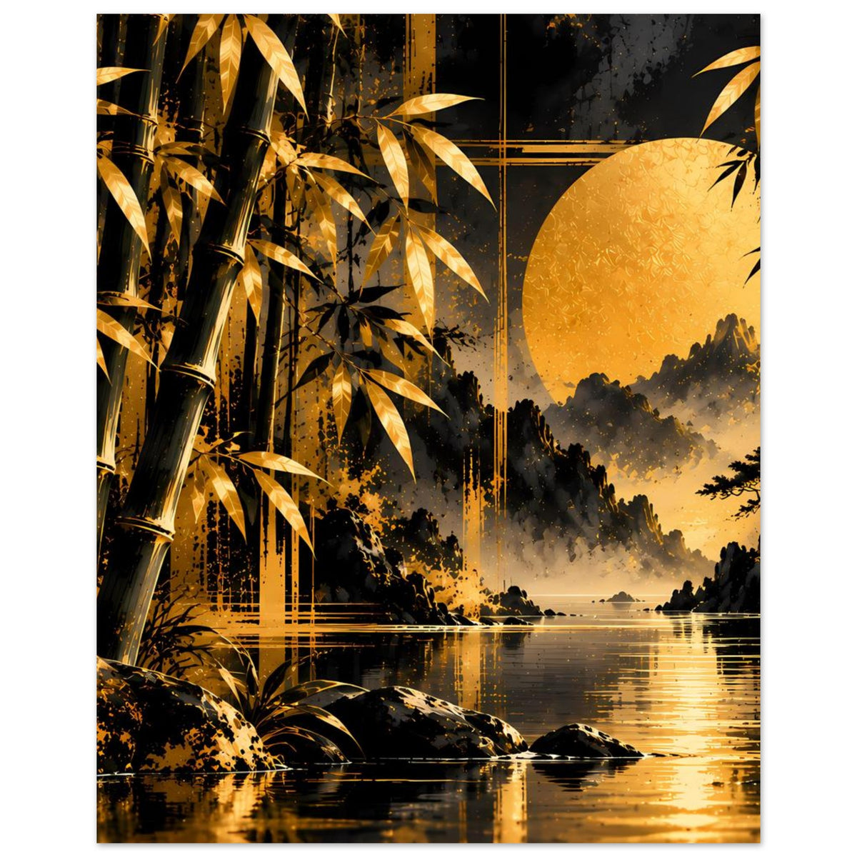 Wandposter mit gold-schwarzem Bambus, ruhigem See und gelbem Mond über Bergen