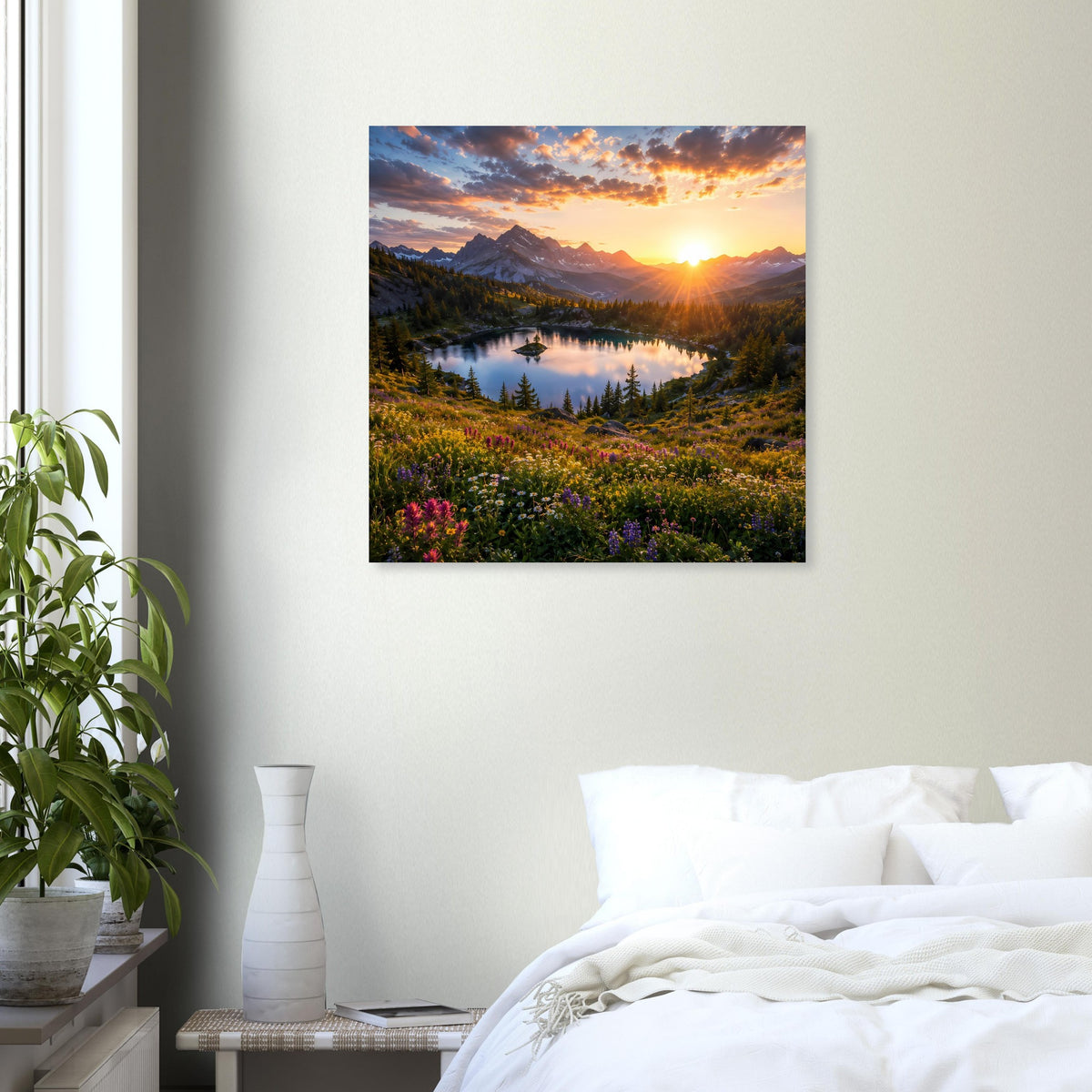 Quadratisches Poster mit Landschaftsmotiv: Berge, Bergsee und orangefarbener Sonnenuntergang