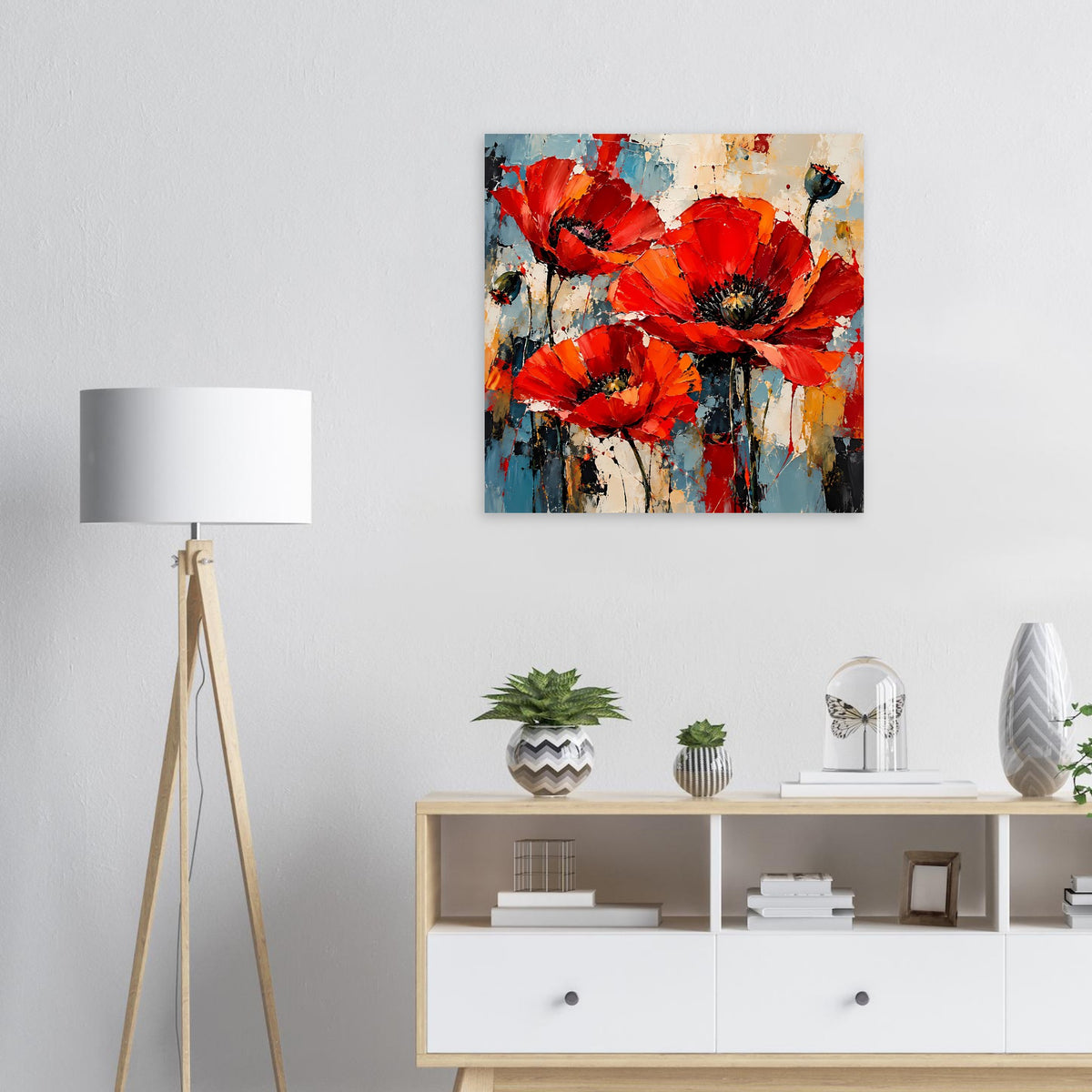 Quadratisches Poster mit abstrakten roten Mohnblumen und bunten Farbklecksen