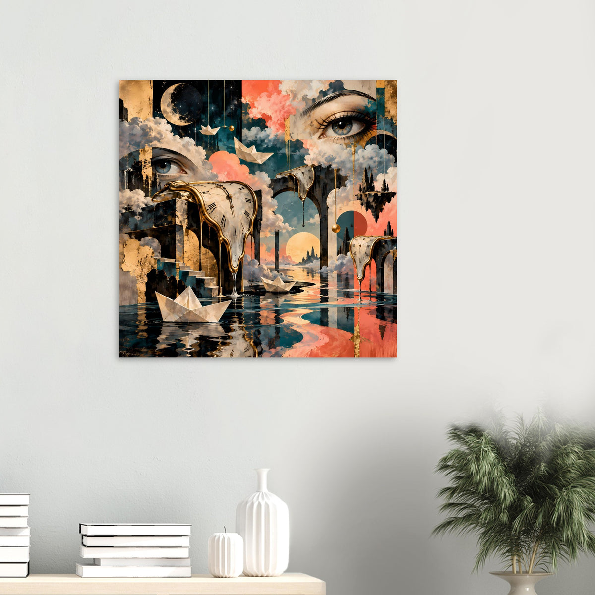 Surrealistisches Poster mit schmelzenden Uhren, großen Augen und fantasievoller Architektur