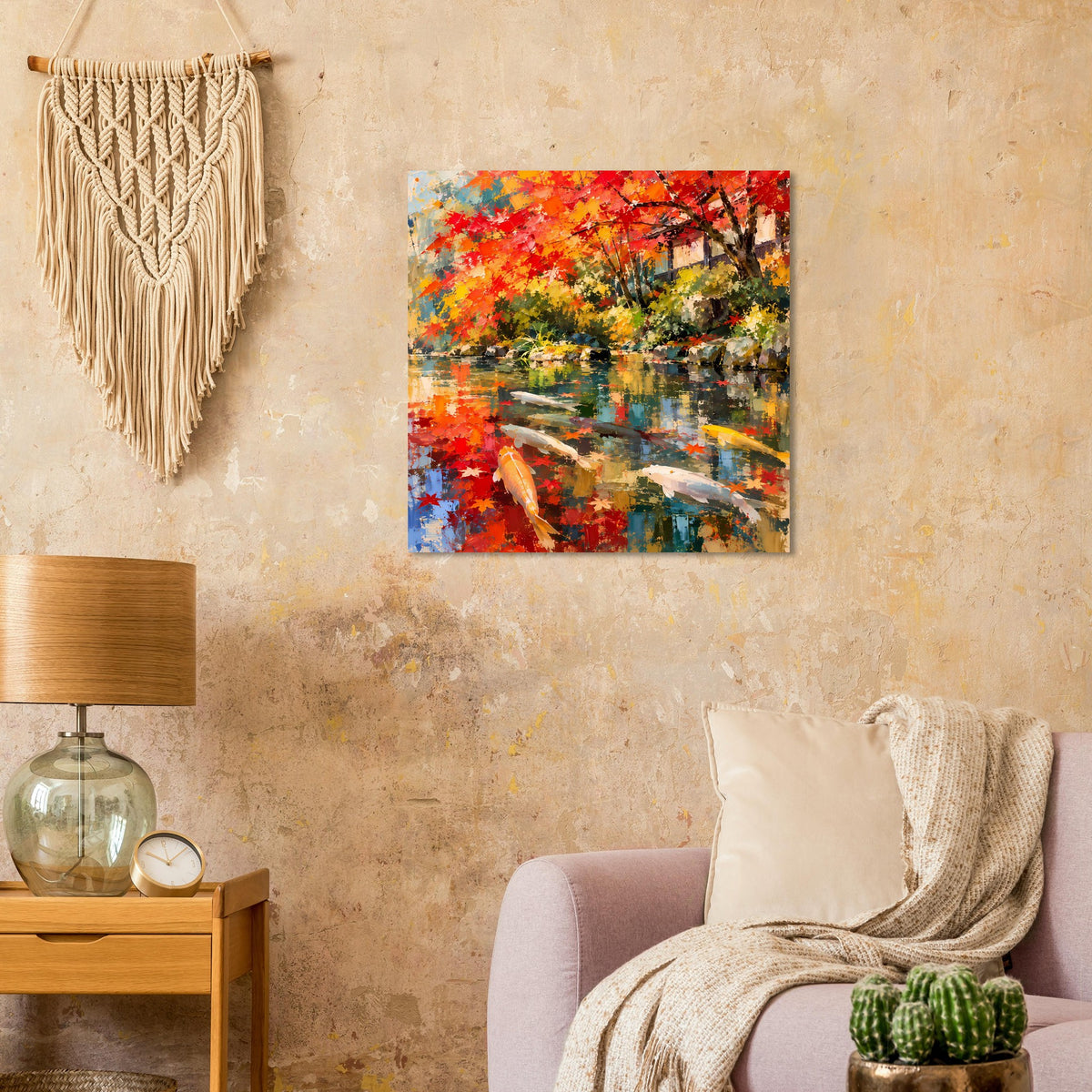 Koi-Teich Poster mit Herbstfarben, Wasserreflexionen und roten, orangefarbenen Fischen