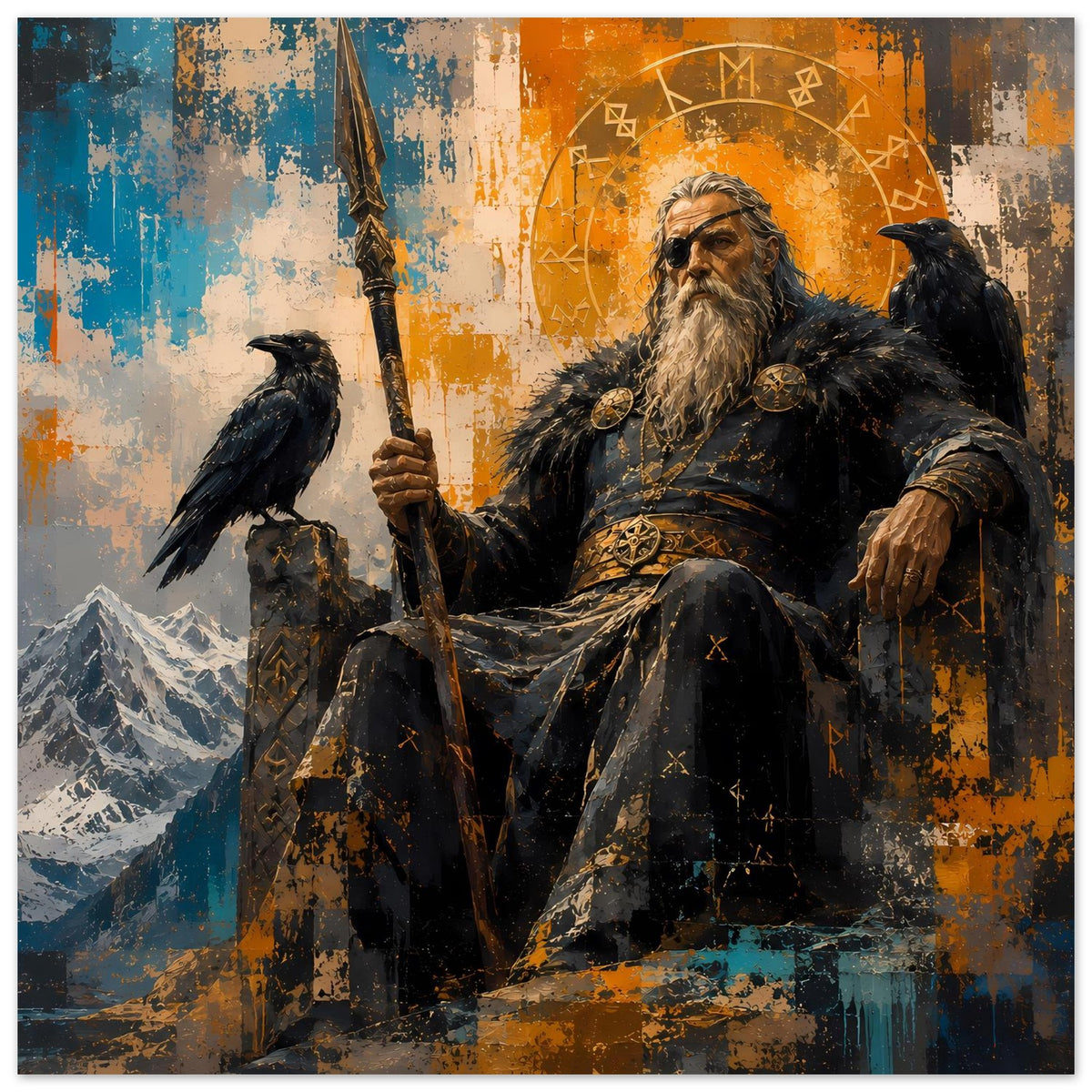 Quadratisches Poster: Odin hält einen Speer, Rabe sitzt daneben, Runen im Kreis