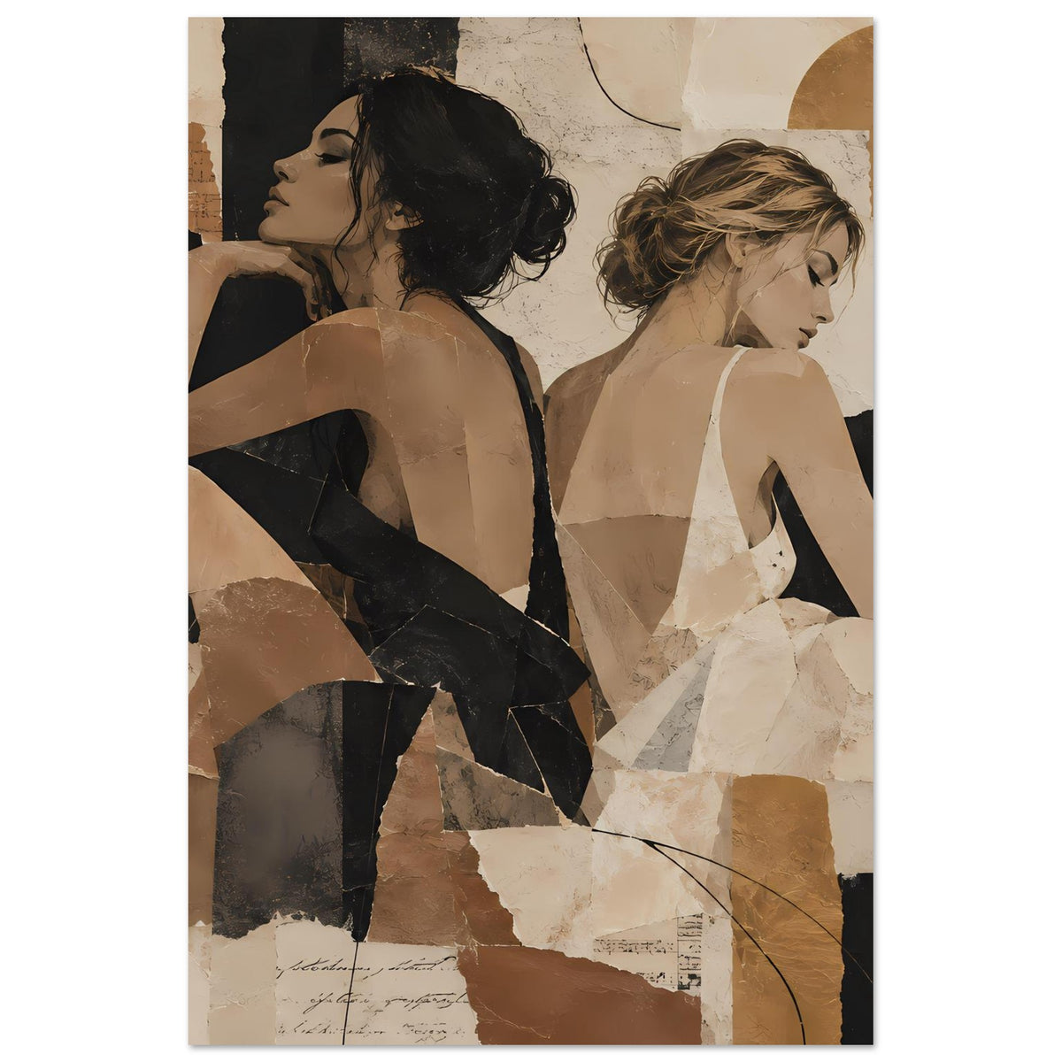Collage-Poster (Hochformat) mit zwei Frauenporträts in warmen Erdtönen und abstrakten Formen.