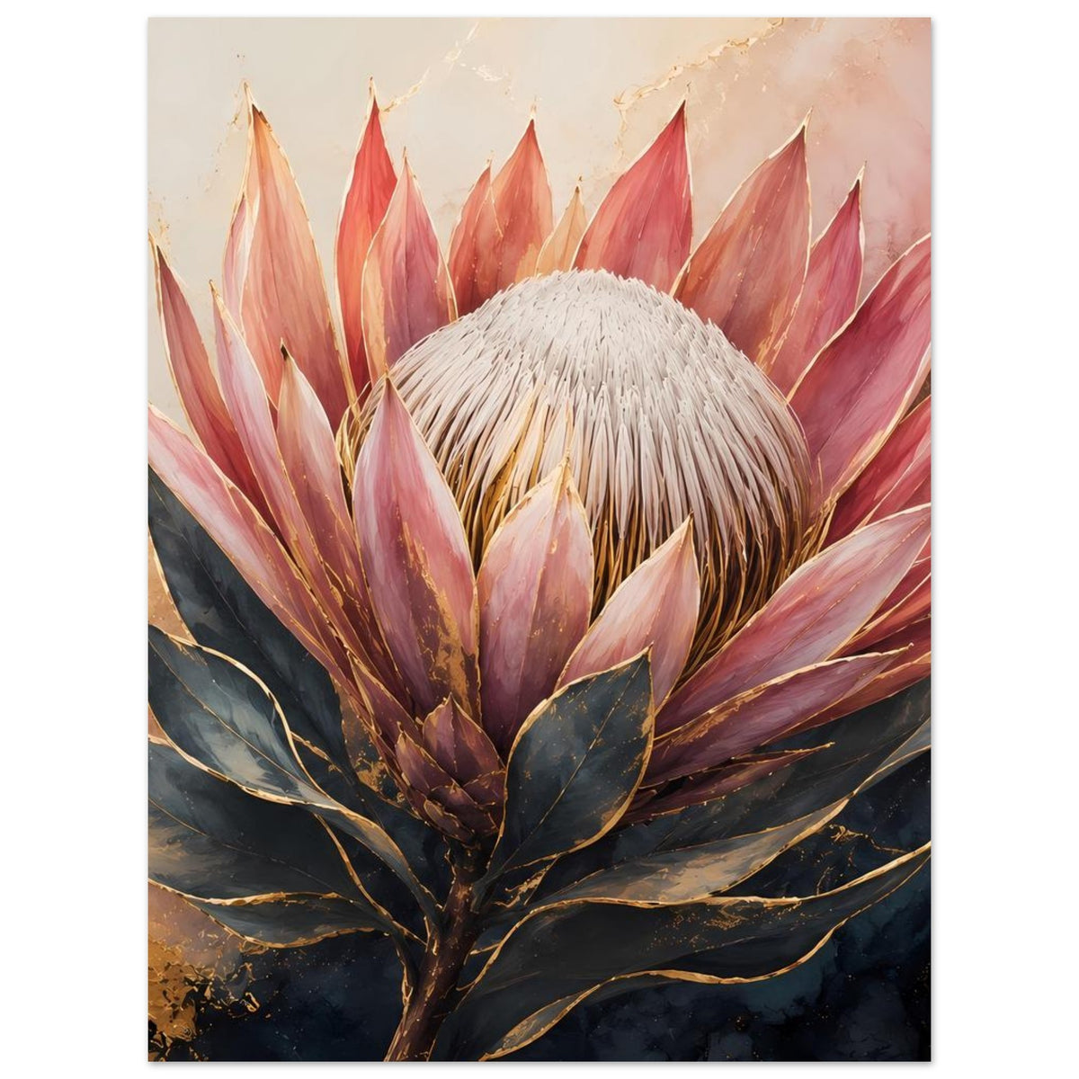 Botanisches Poster mit Königsprotea-Knospe und Blättern in Rosa, goldene Details am Ast