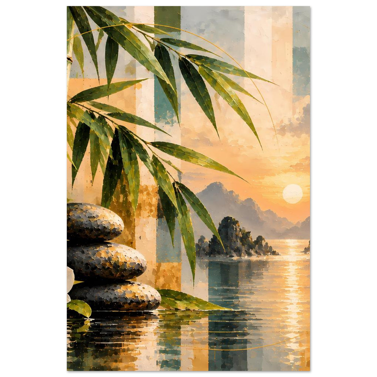 Poster im Hochformat mit Zen-Motiv: Bambuszweige, Stapel dunkler Steine und Sonnenuntergang am See