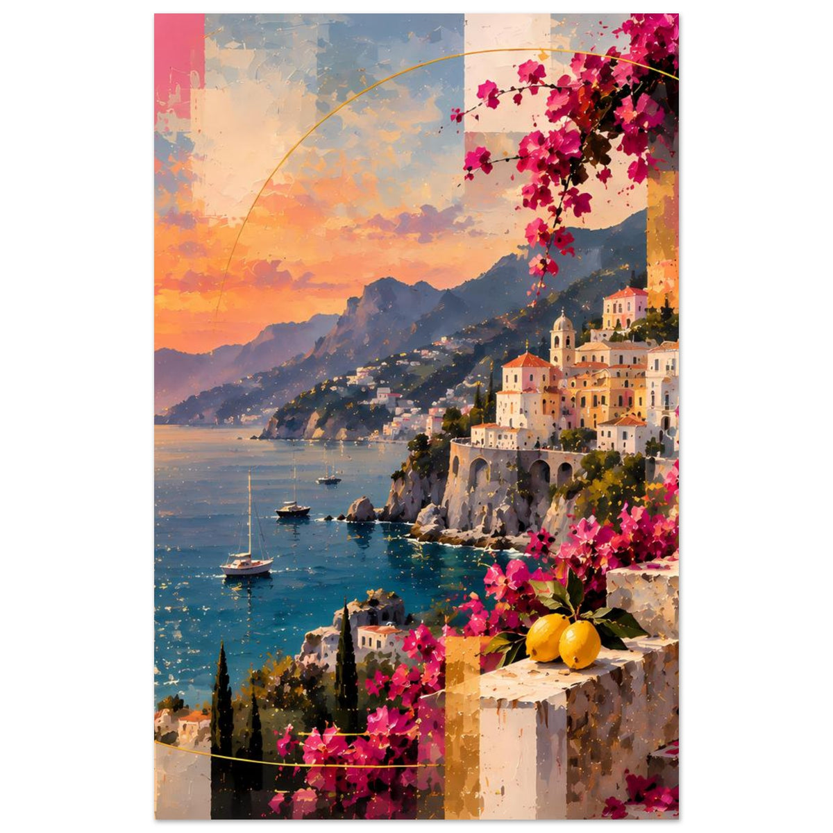 Vertikales Poster mit Küstenstadt, pinken Bougainvillea-Blüten am Rand, Meer und orangefarbenem Himmel