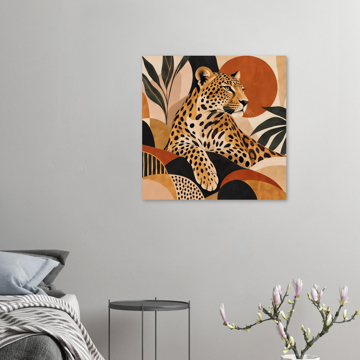 Kleines Boho-Tierposter mit Leopardenmotiv, braunen Flecken und warmen Kreisformen