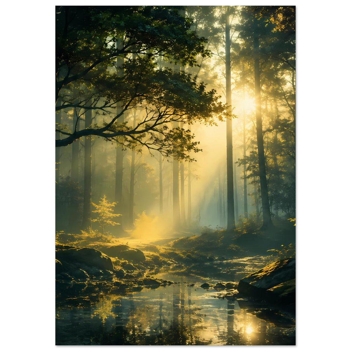 Vertikales Waldposter auf mattem Premium-Papier mit Lichtkegel, Bäumen und Bachlauf im Vordergrund.