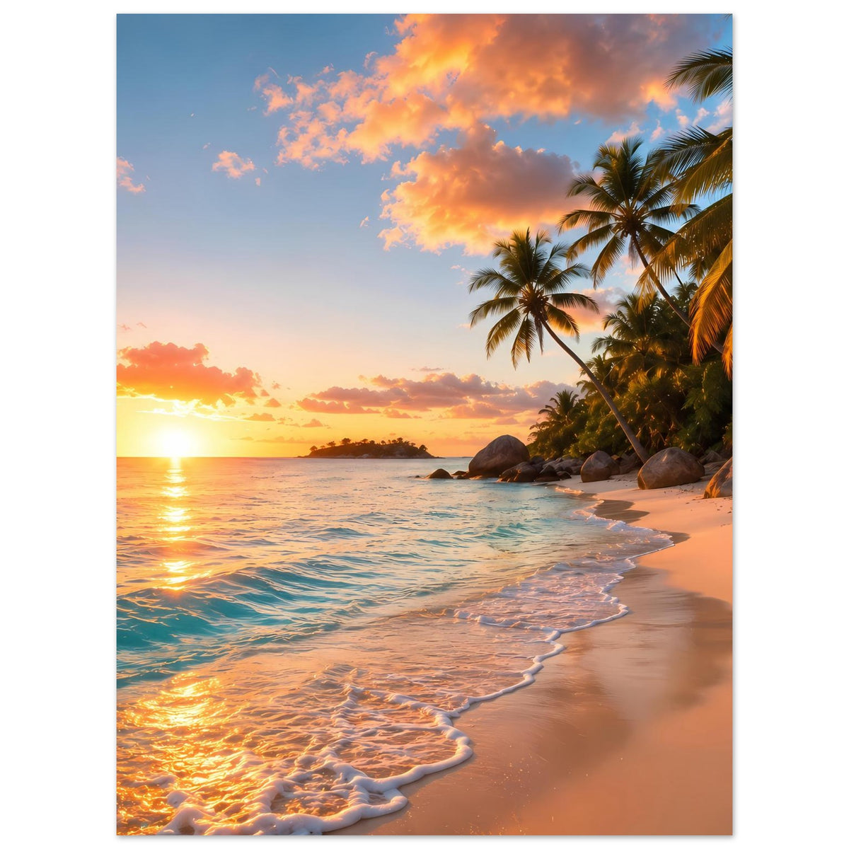 Poster mit Strand bei Sonnenuntergang, Palmen und Wellen im Abendlicht