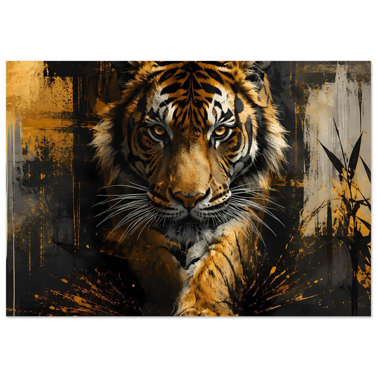 Tiger-Poster im Querformat, Gesicht und Tatze im Fokus, goldbraune Akzente, dunkler Look