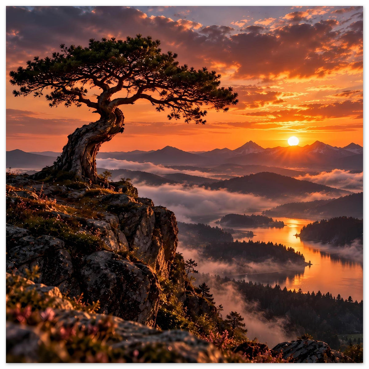 Poster mit Sonnenuntergang-Landschaft: einsamer Baum auf Felsen, Berge und See