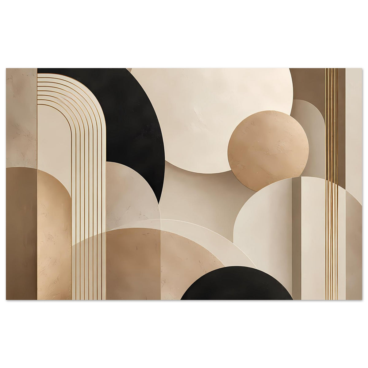 Abstraktes geometrisches Poster mit Kreisornamenten, goldenen Linien, beige Grundton und Schwarz