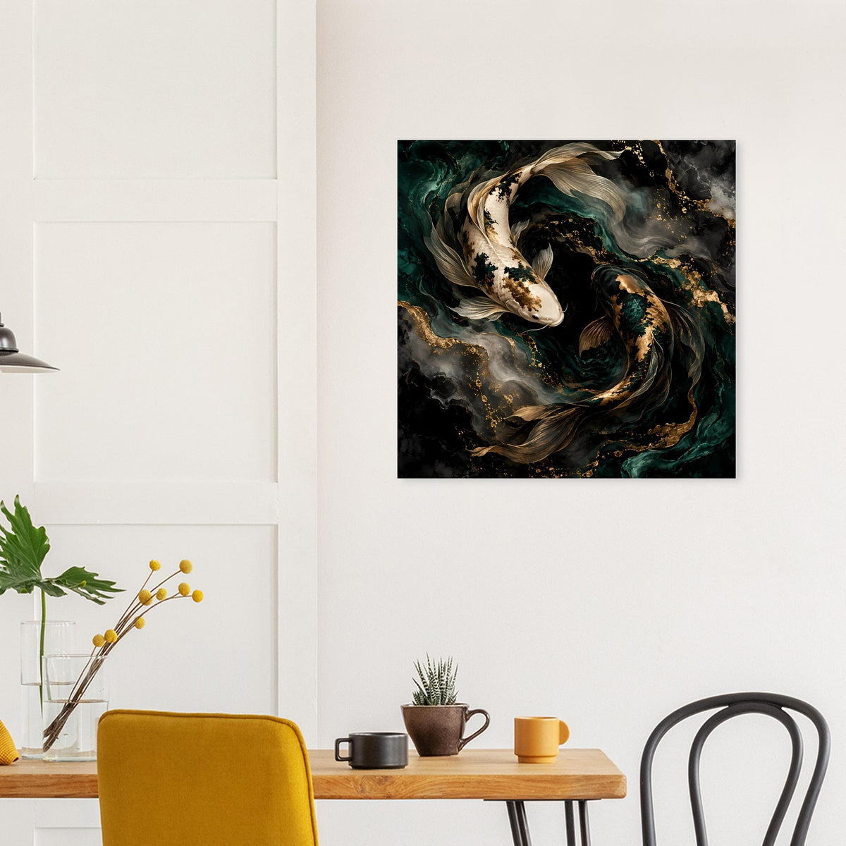 Quadratisches Kunstposter mit goldenen Koi-Akzenten auf smaragdgrünem Farbwirbel