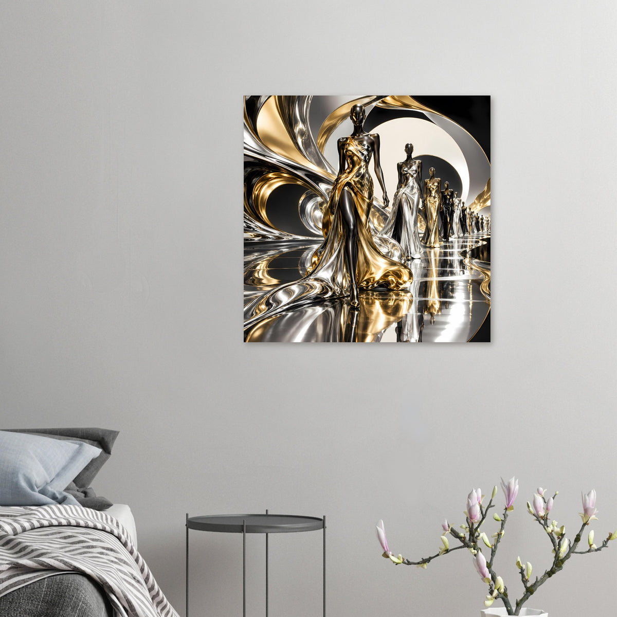 Kleines Gold-Silber Poster mit abstrakten Figuren und metallischen Wellen