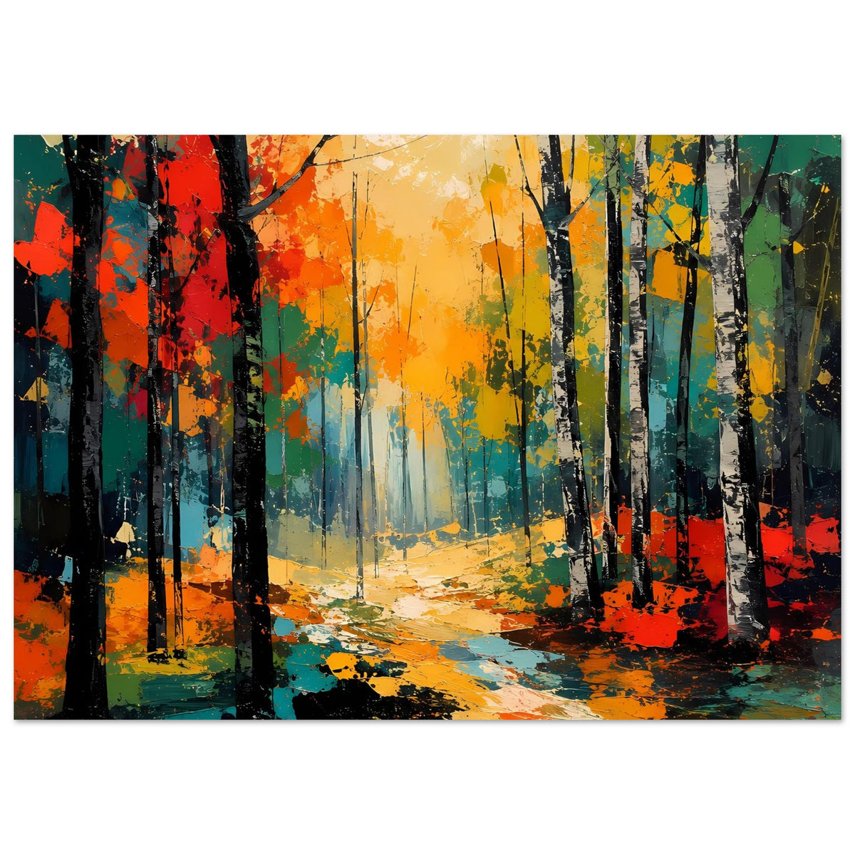 Herbstwald-Poster im Querformat, Sonnenlicht im Wald und bunte Baumreihen mit Farbspritzern