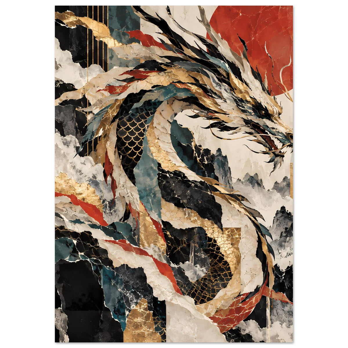 Drachen-Poster, abstrakt mit Goldmuster, vertikal im Rahmen