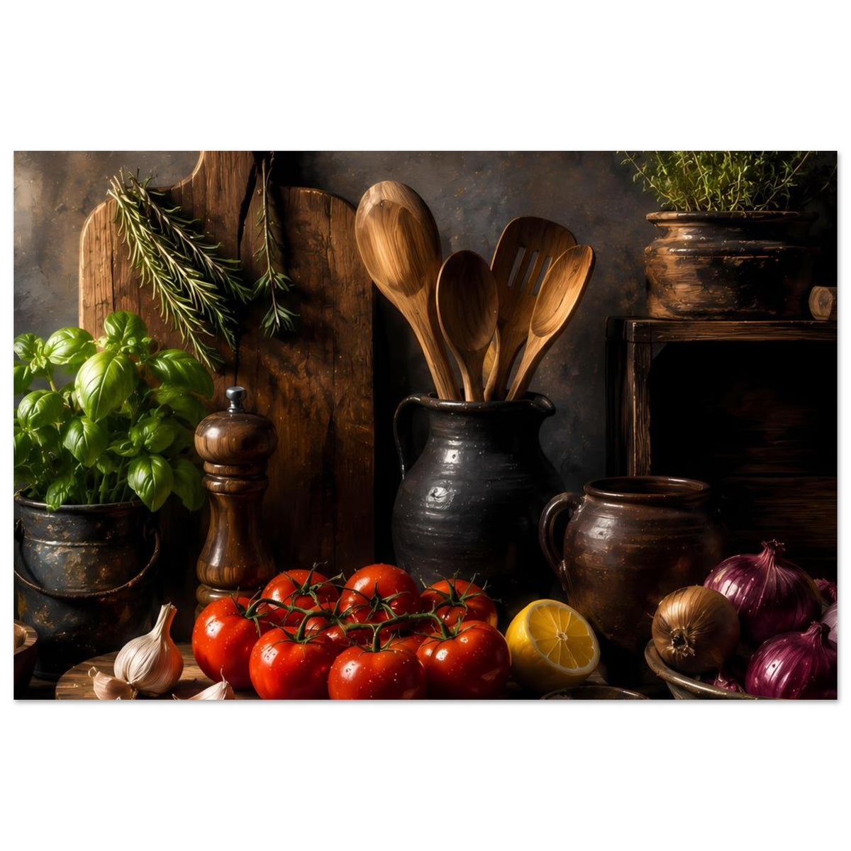 Küchenposter mit Stillleben: Holzlöffel im Keramikkrug, Tomaten und Kräuter