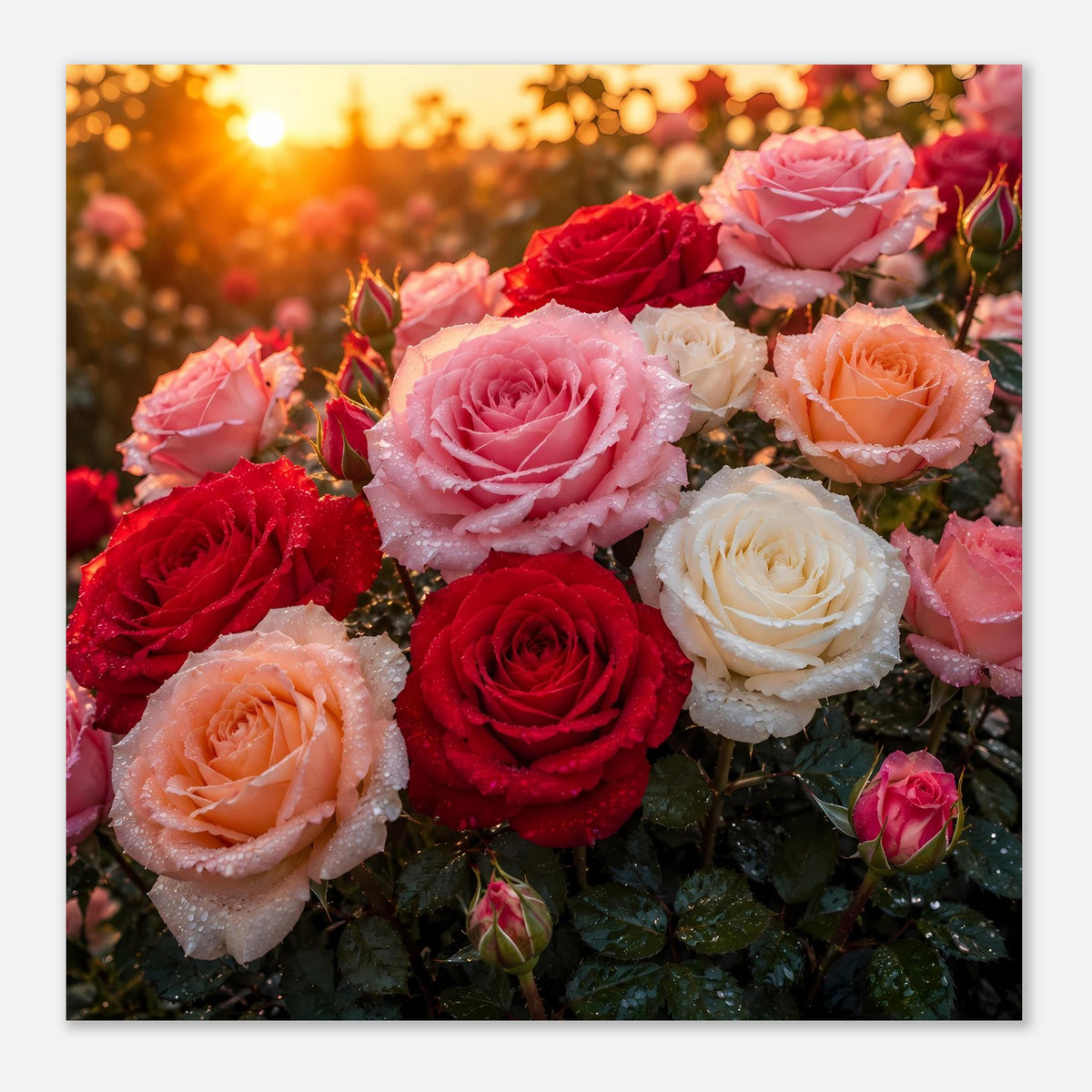 Poster mit Rosen in Rosa, Rot, Orange und Weiß, dichtes Blütenarrangement