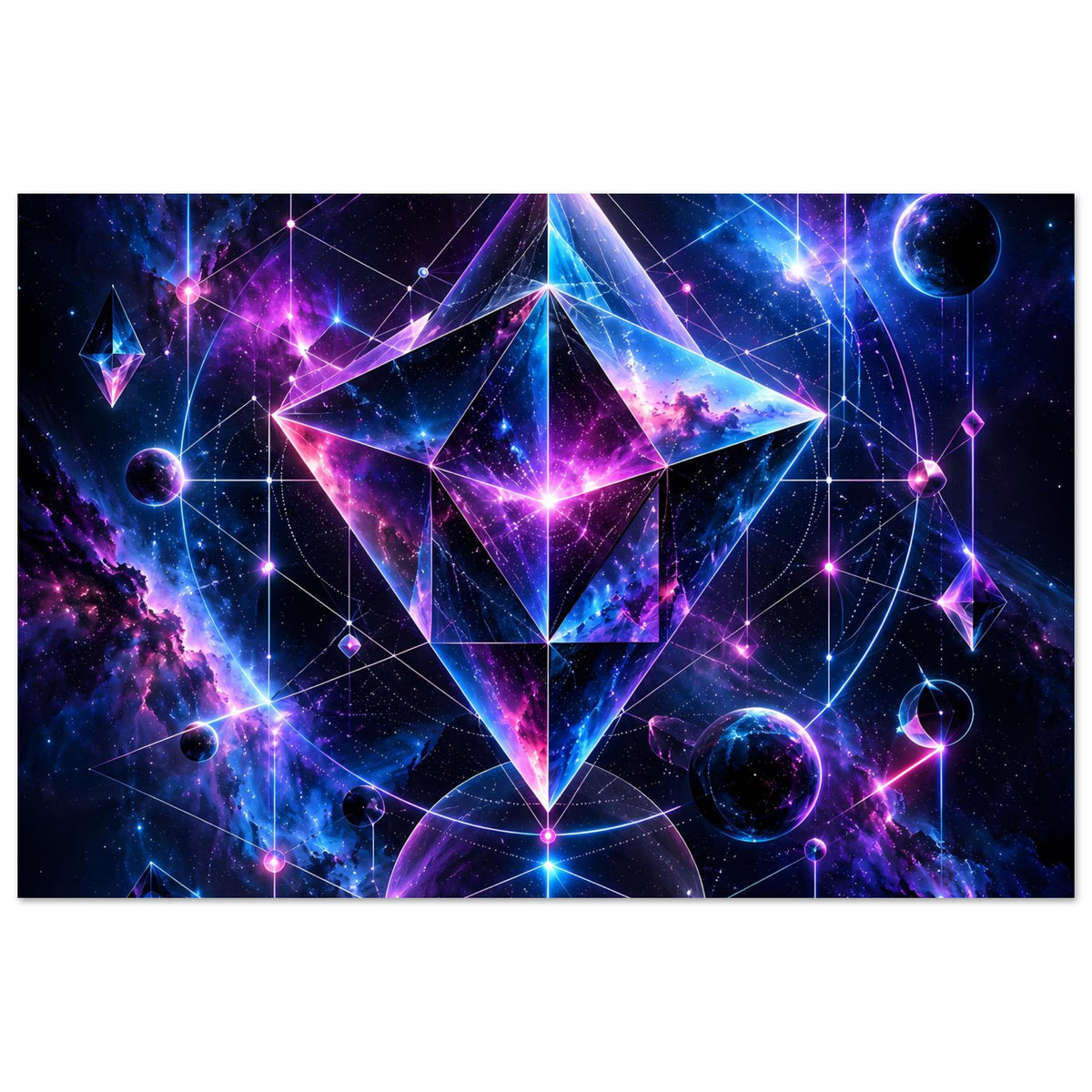 Poster im Querformat mit kosmischem Geometrie-Design, violette und blaue Konstellationen