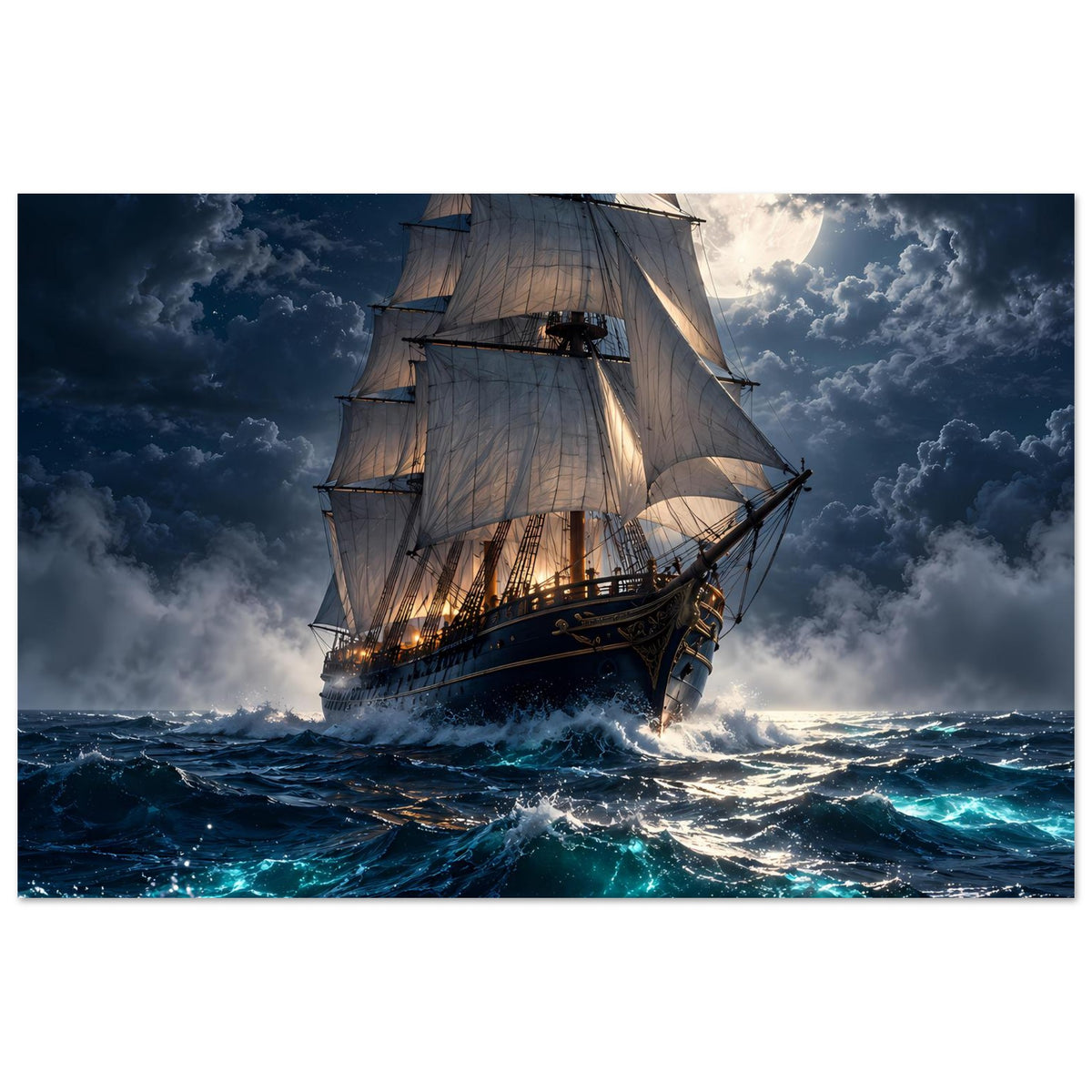 Horizontales Segelschiff-Poster mit Vollmond, Segelboot über stürmischen Wellen