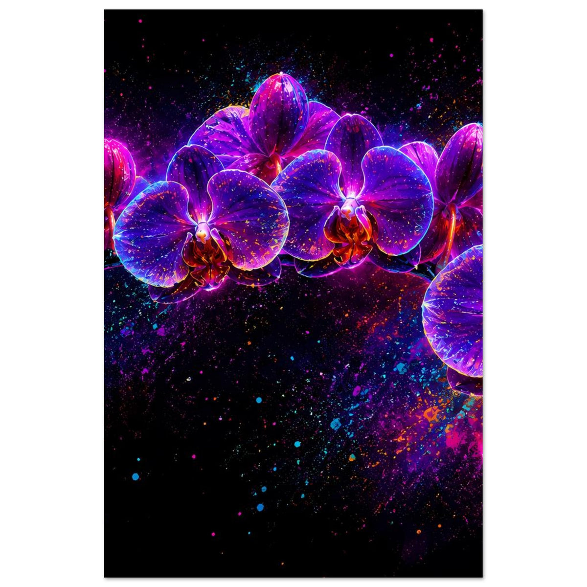 Vertikales Neon-Orchideen-Poster mit großen lila/pink leuchtenden Orchideenblüten und Glitzereffekt