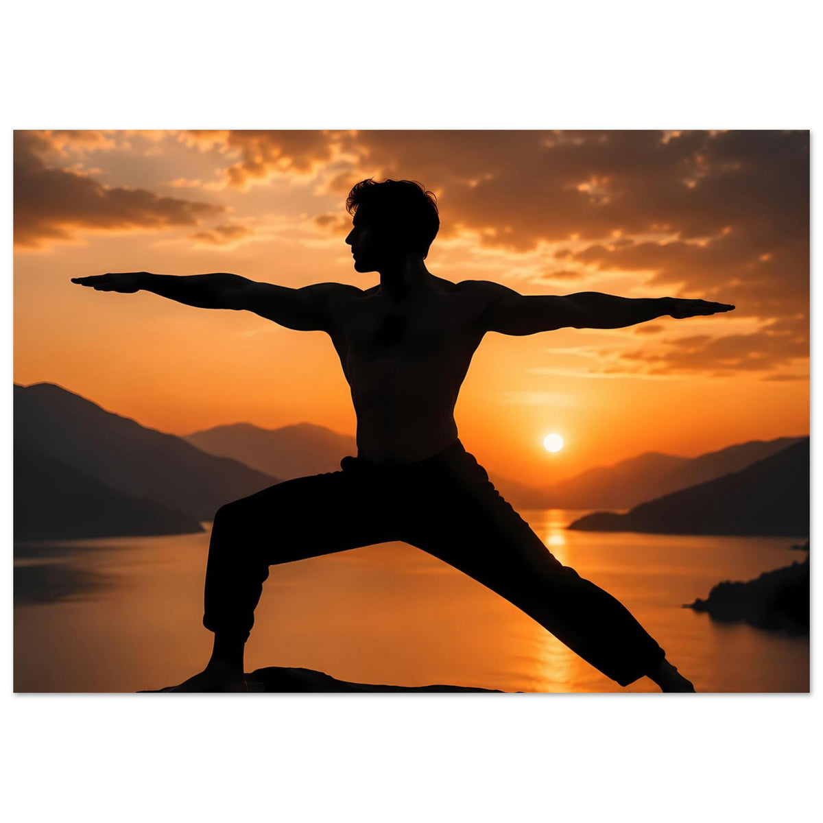 Yoga-Poster im Querformat mit Silhouette in Kriegerpose bei Sonnenuntergang