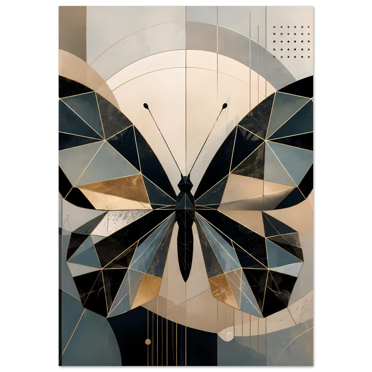 Geometrisches Schmetterlingsposter: gerahmter facettierter Schmetterling in Petrol und Gold, Schwarzlinien
