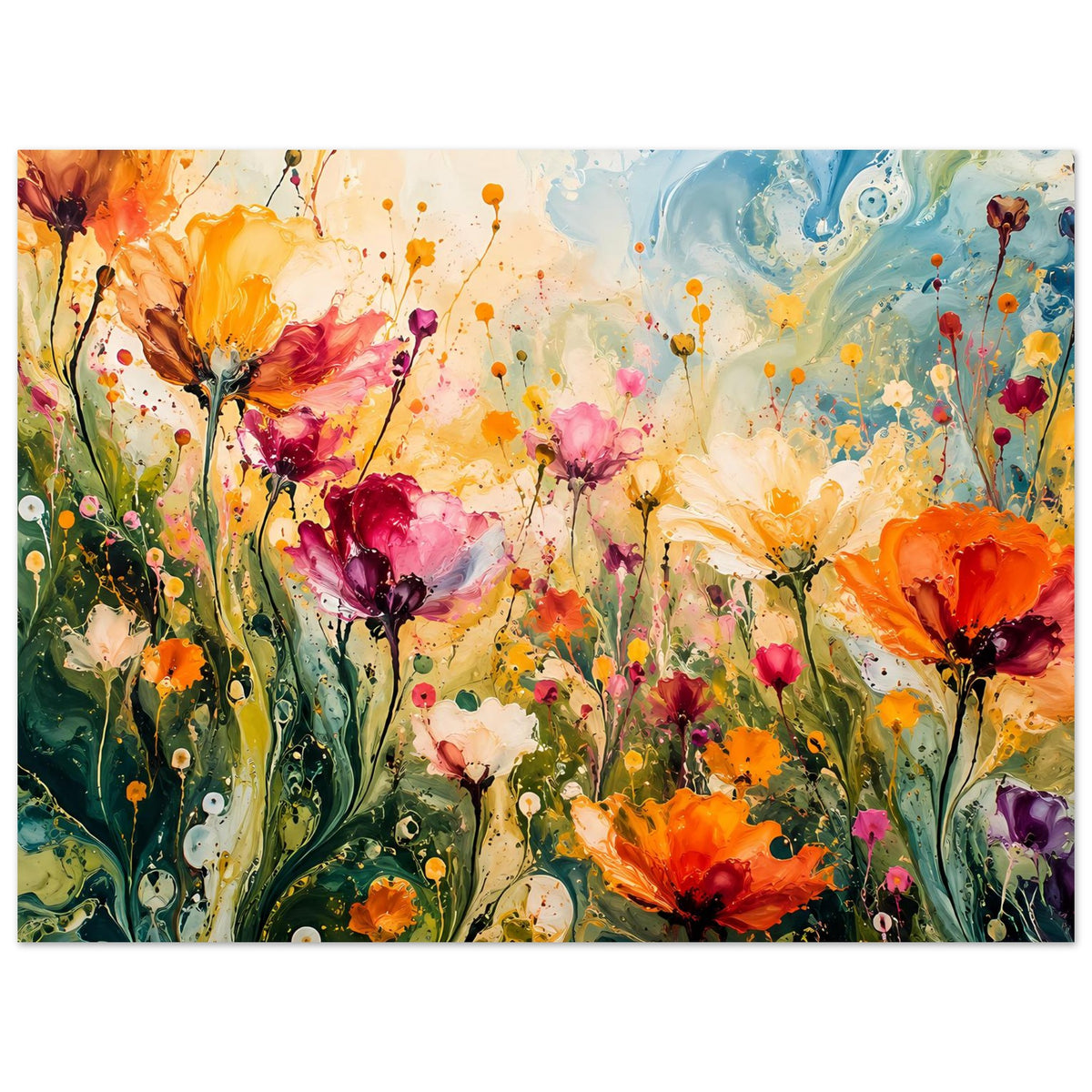 Blumenposter im Querformat mit farbenfrohen abstrakten Blüten und Tropfen-Details