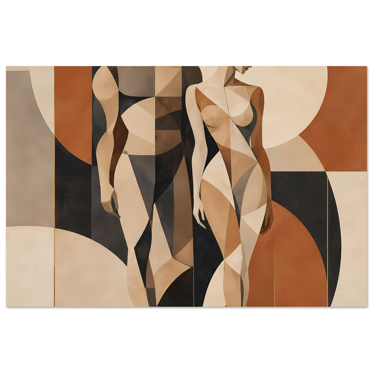 Kunstdruck mit Ausschnitt der Aktfiguren eines Paares im Cubist-Stil, Erdtöne