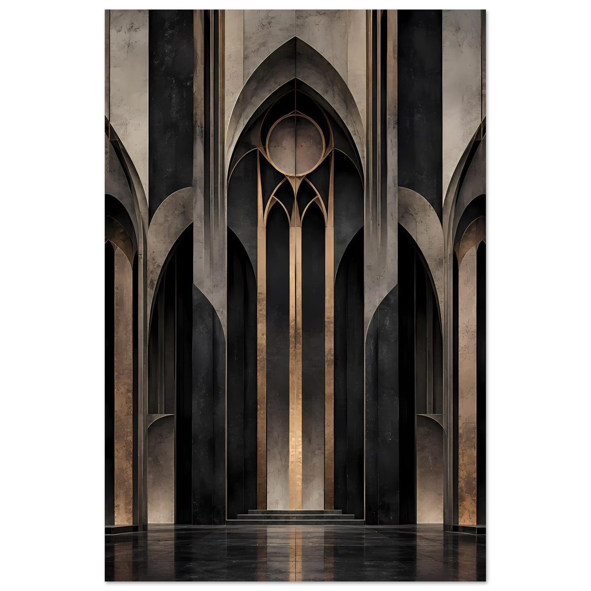 Poster im Hochformat: gotische Arkaden mit Spitzbogenportal und dunklem Säulenraster