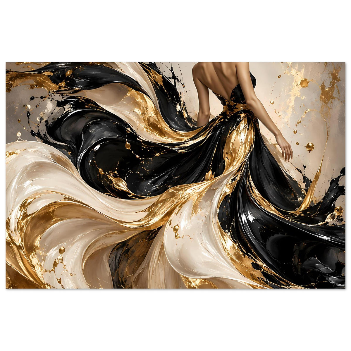 Kunstposter mit abstrakten Wirbeln in Schwarz, Gold und Elfenbein im Querformat