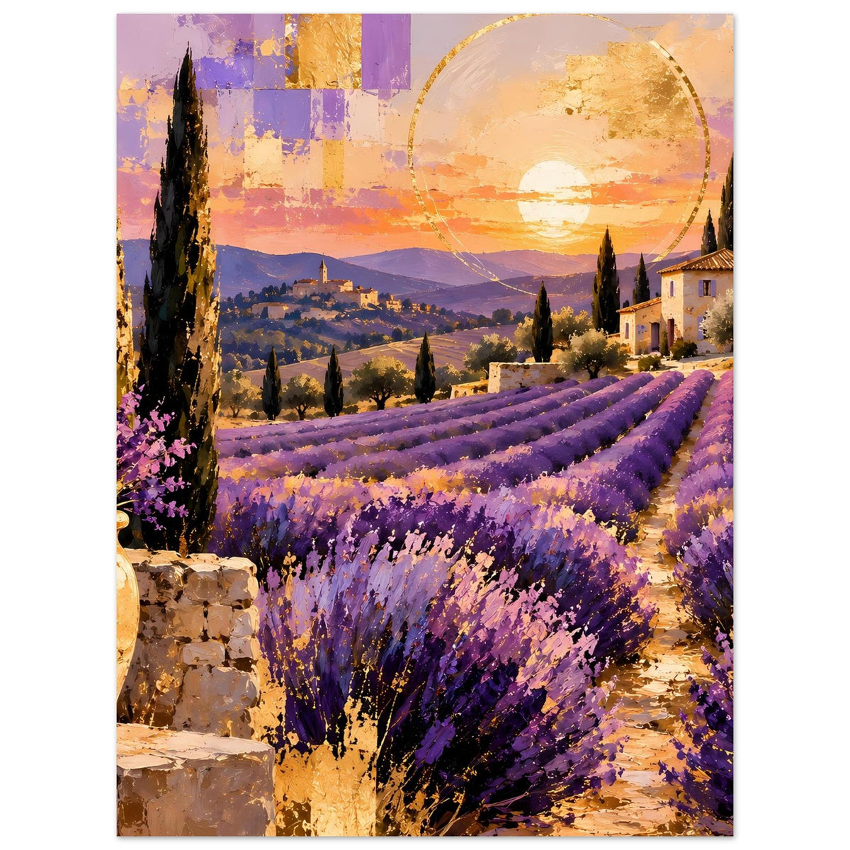 Poster im Hochformat mit Lavendelreihen, Sonnenuntergang, goldener Sonnenscheibe und Haus