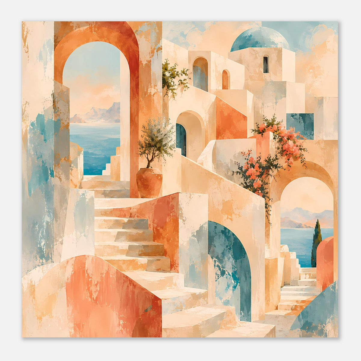 Wandposter mit klarer Bildmitte: Treppenweg, Bögen und pastellfarbene Gebäude mit Blumen