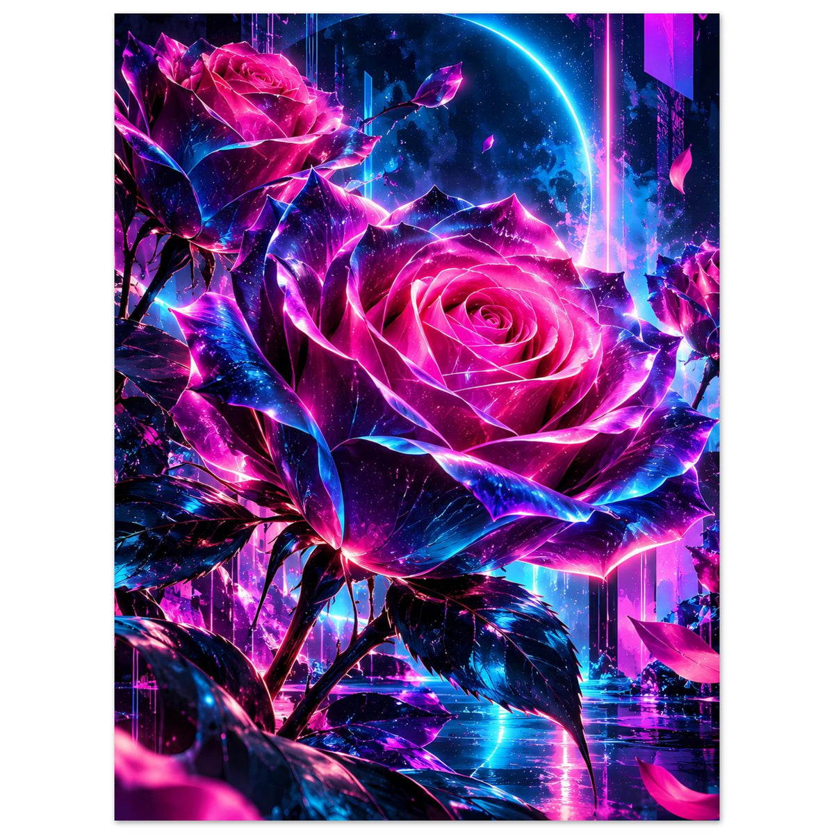 Kunstposter mit leuchtender Rose in Pink und Blau, mit dekorativen Blättern im Neon-Look