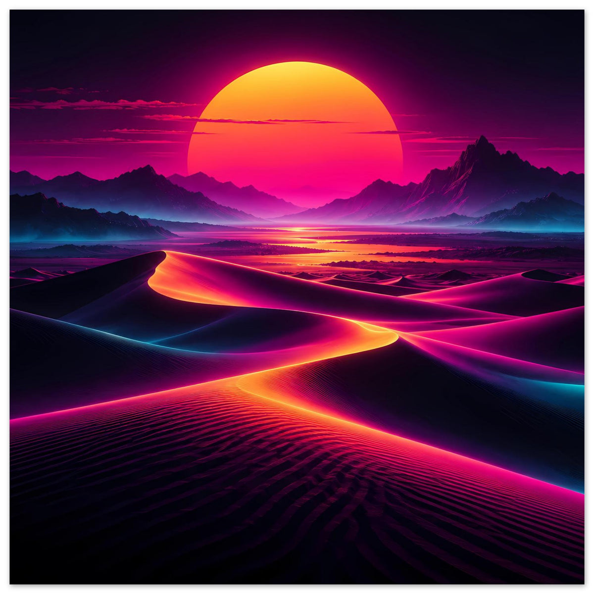 Neon-Desert-Sunset Poster im Hochformat, leuchtende Wege in Magenta und Cyan