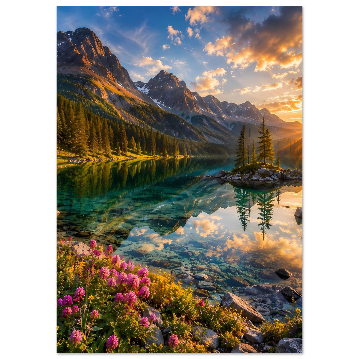 Landschaftsposter (hochkant) mit Bergsee bei goldenem Sonnenaufgang, Tanne im Wasser