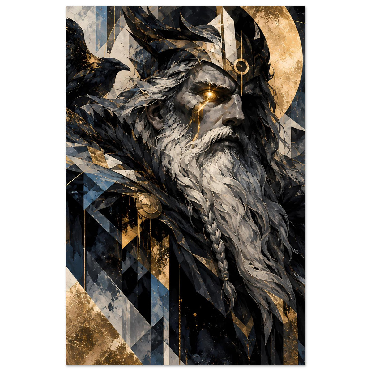 Wandposter Odin in senkrechter Ansicht, goldener Blick, schwarze Flügel und blaue Geometrie