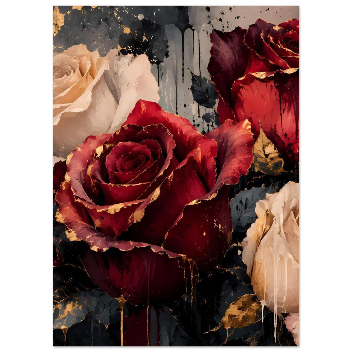 Kunstposter mit bordeauxroten Rosen und cremefarbenen Blüten in dunklem Hintergrund