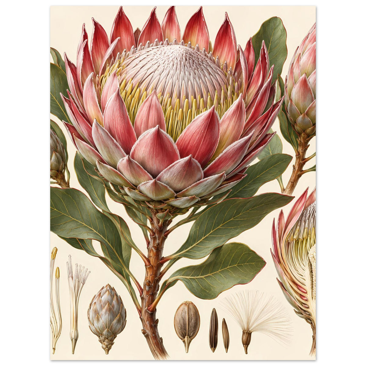 Poster mit Protea-Blütenkopf und botanischen Detailansichten, rot-rosa, auf mattem Papier