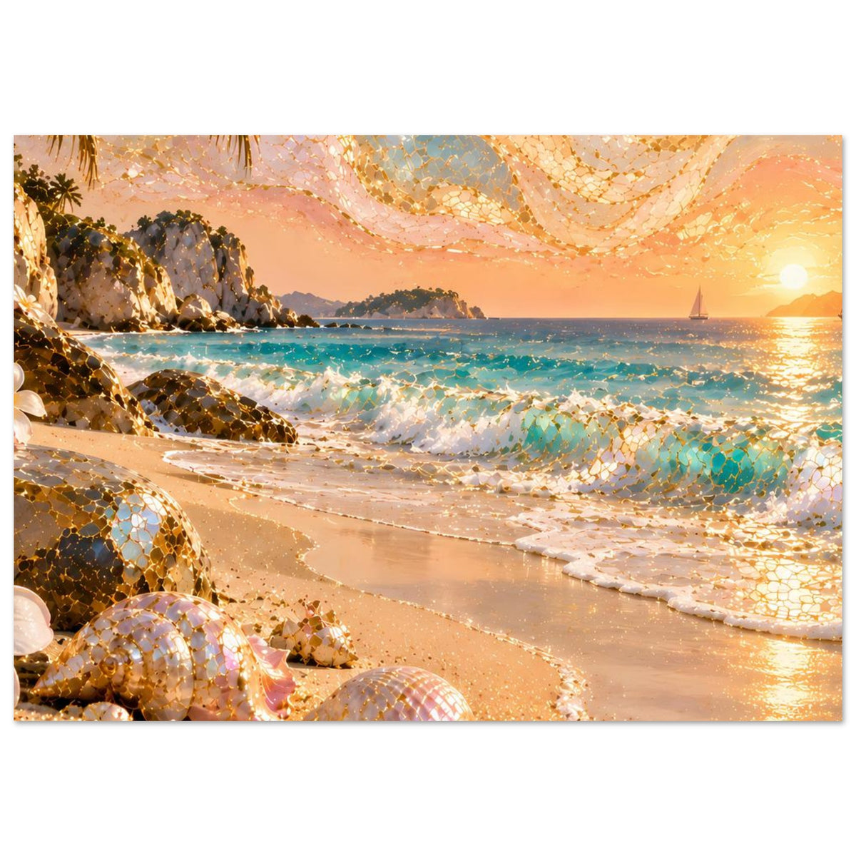 Strandlandschafts-Poster mit goldenen Mosaikakzenten: Beach-Szene mit Muscheln und Lichtreflexen