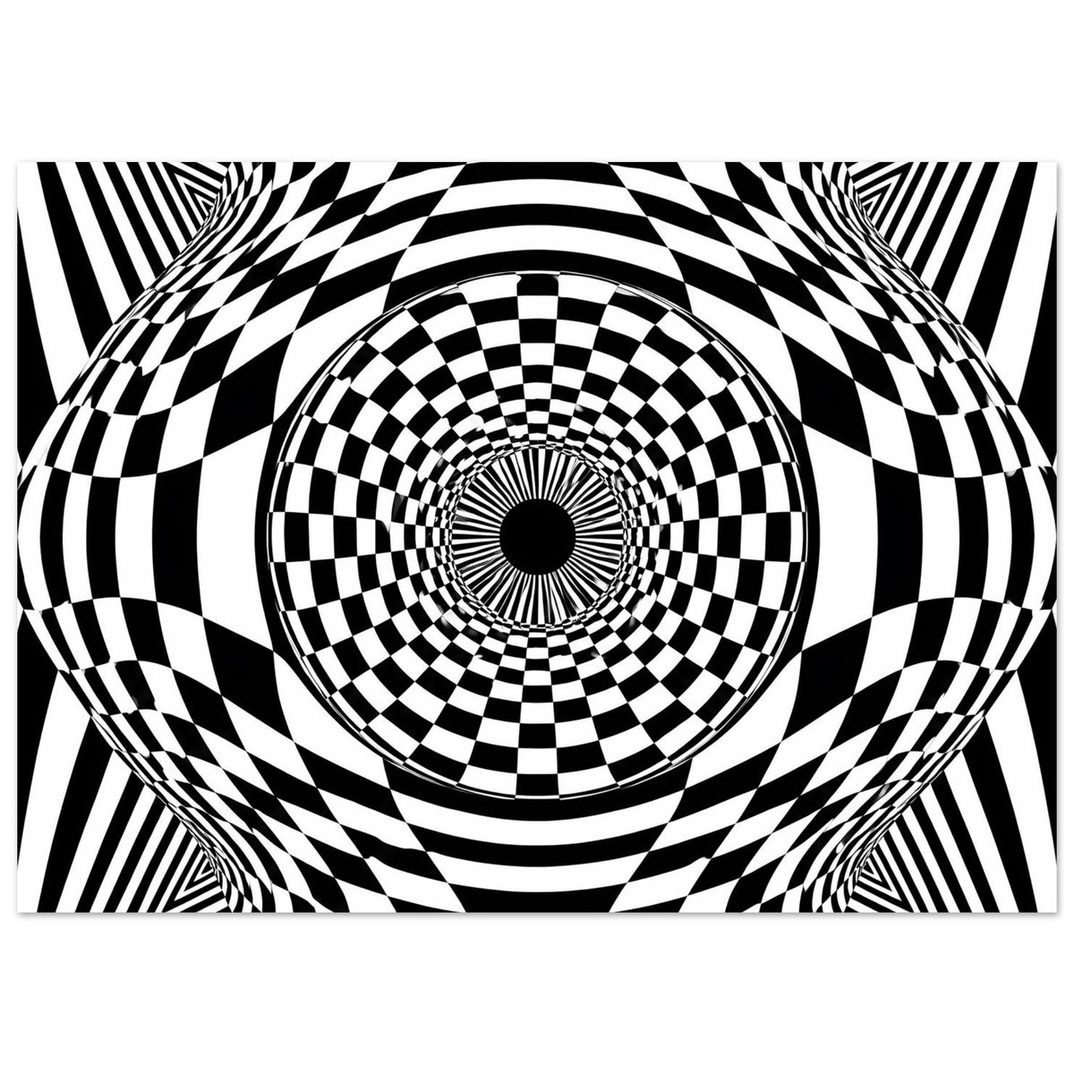 Horizontales Schwarz-weiß-Poster mit hypnotischem Schachbrettkreis in verschlungenen Ringen