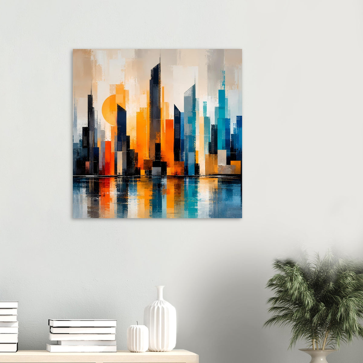 Modernes Stadtposter mit abstrakter Skyline in Orange, Türkis und Blau, rechteckig.