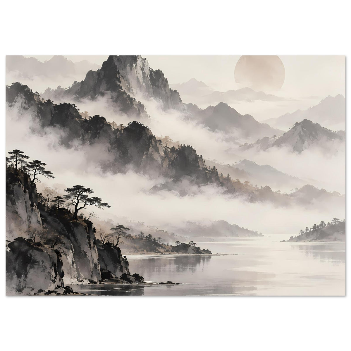 Poster im Rahmen mit nebeligen Berglandschaften, Flussufer, Baum-Silhouetten und rundem Mondmotiv