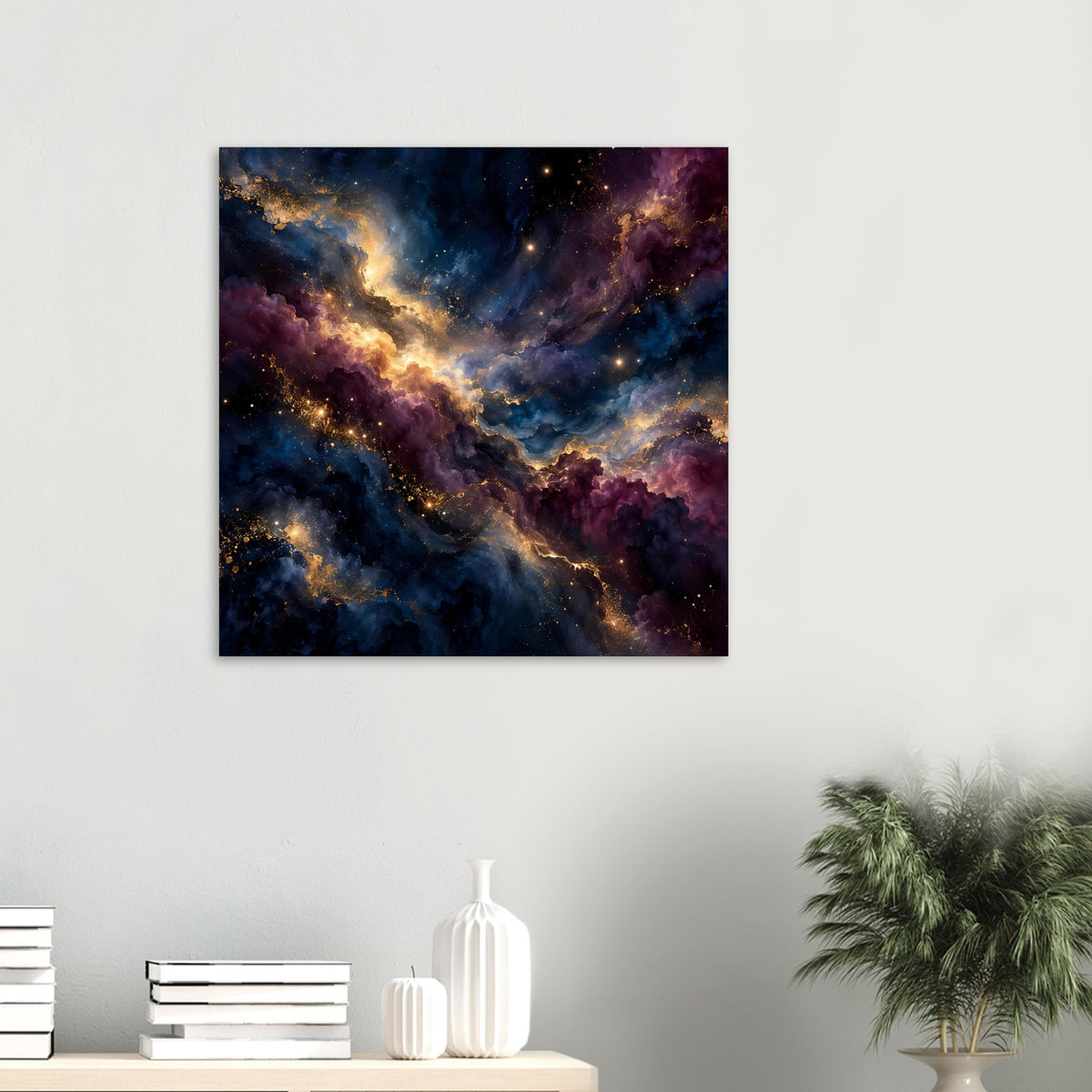 Kleines Kunstposter kosmische Galaxie mit blau-violettem Nebel und goldenen Sternen