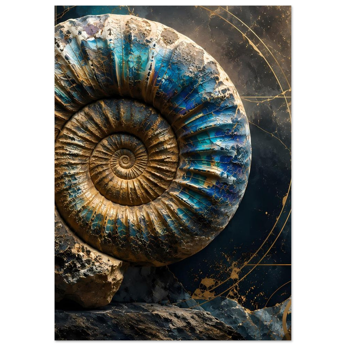Kunstposter mit Ammonitenfossil, petrolfarbene Schalen und goldene Linien im Hintergrund