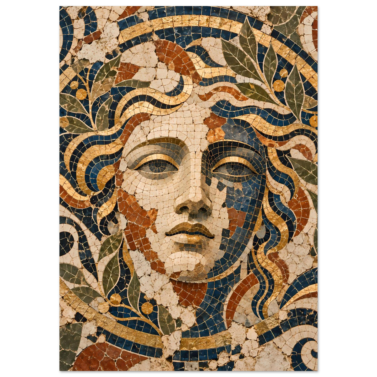 Poster im Hochformat: Mosaik-Göttinnenportrait, Gesicht mit goldenen Linien im Haar