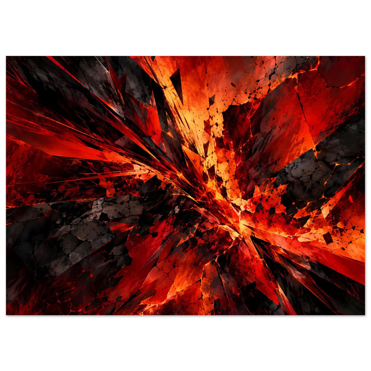 Abstraktes Poster im Querformat mit leuchtendem Zentrum, Rot, Orange und Schwarz