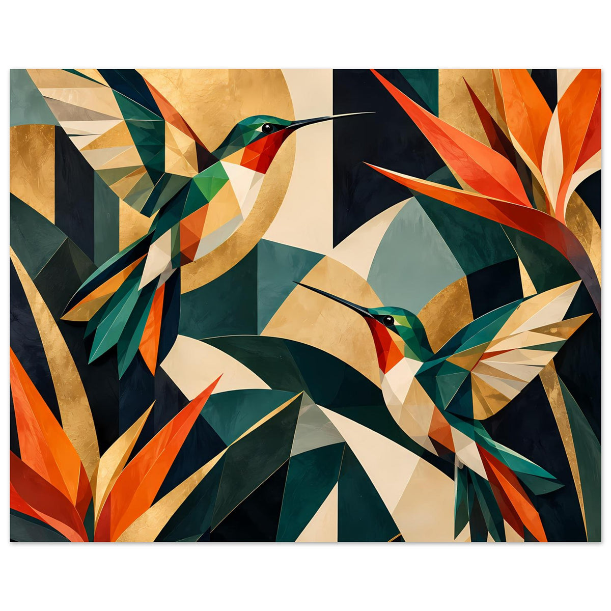 Wandposter im Querformat mit zwei Kolibri-Motiven aus Dreiecken und Rauten