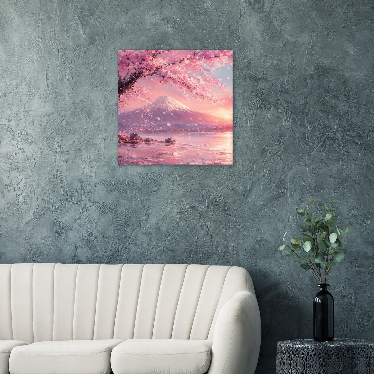 Wandposter mit Kirschblütenzweigen, Fuji-Berg und rosafarbenem See im Abendlicht